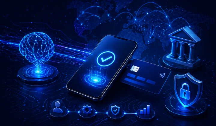 Futuristic fintech scene: phone with a glowing checkmark, a payment card, bank icon and shield on a blue digital background representing security and authentication.