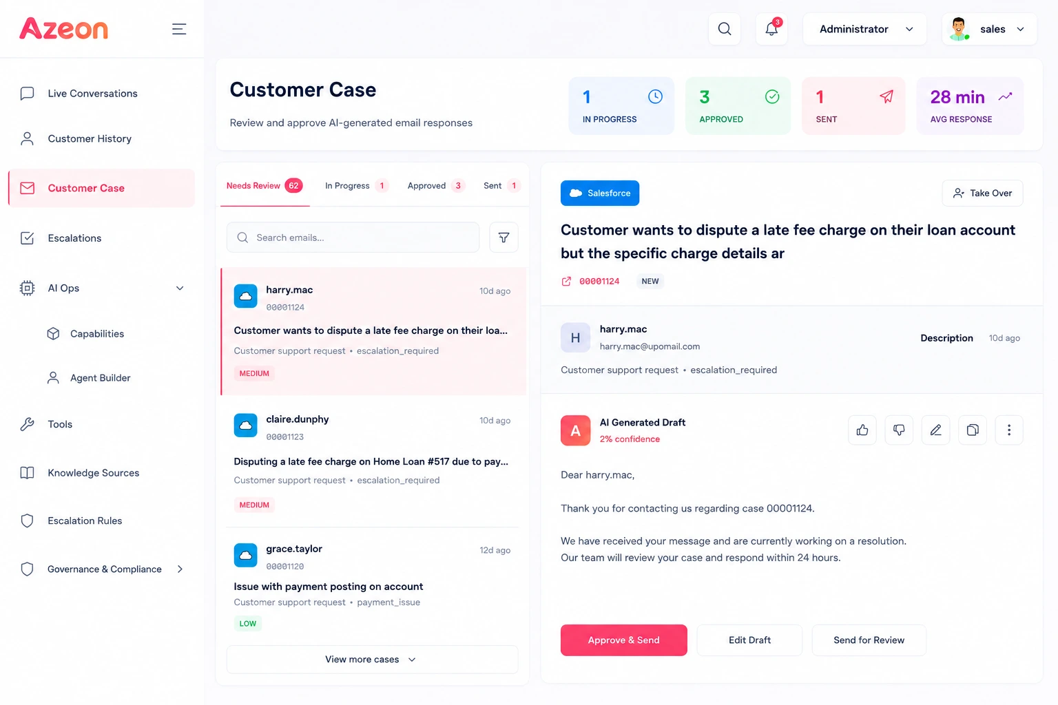 AI-Powered Customer Case Management Customer Case dashboard with left navigation and two main panels: inbox list on the left and a case thread on the right.