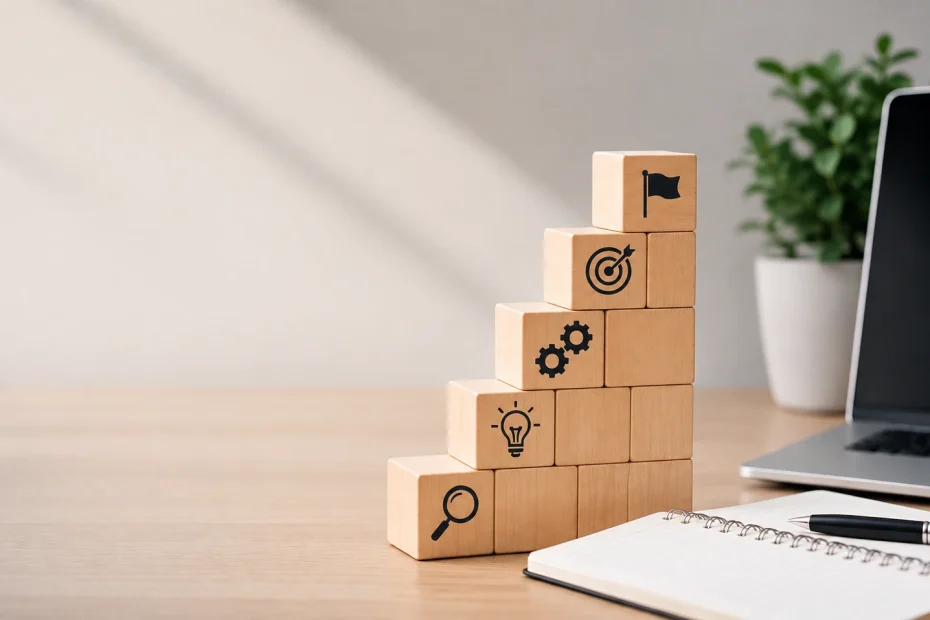 Pyramid of wooden blocks on a desk with icons: magnifying glass, lightbulb, gears, target, and a flag on top; laptop and notebook nearby.