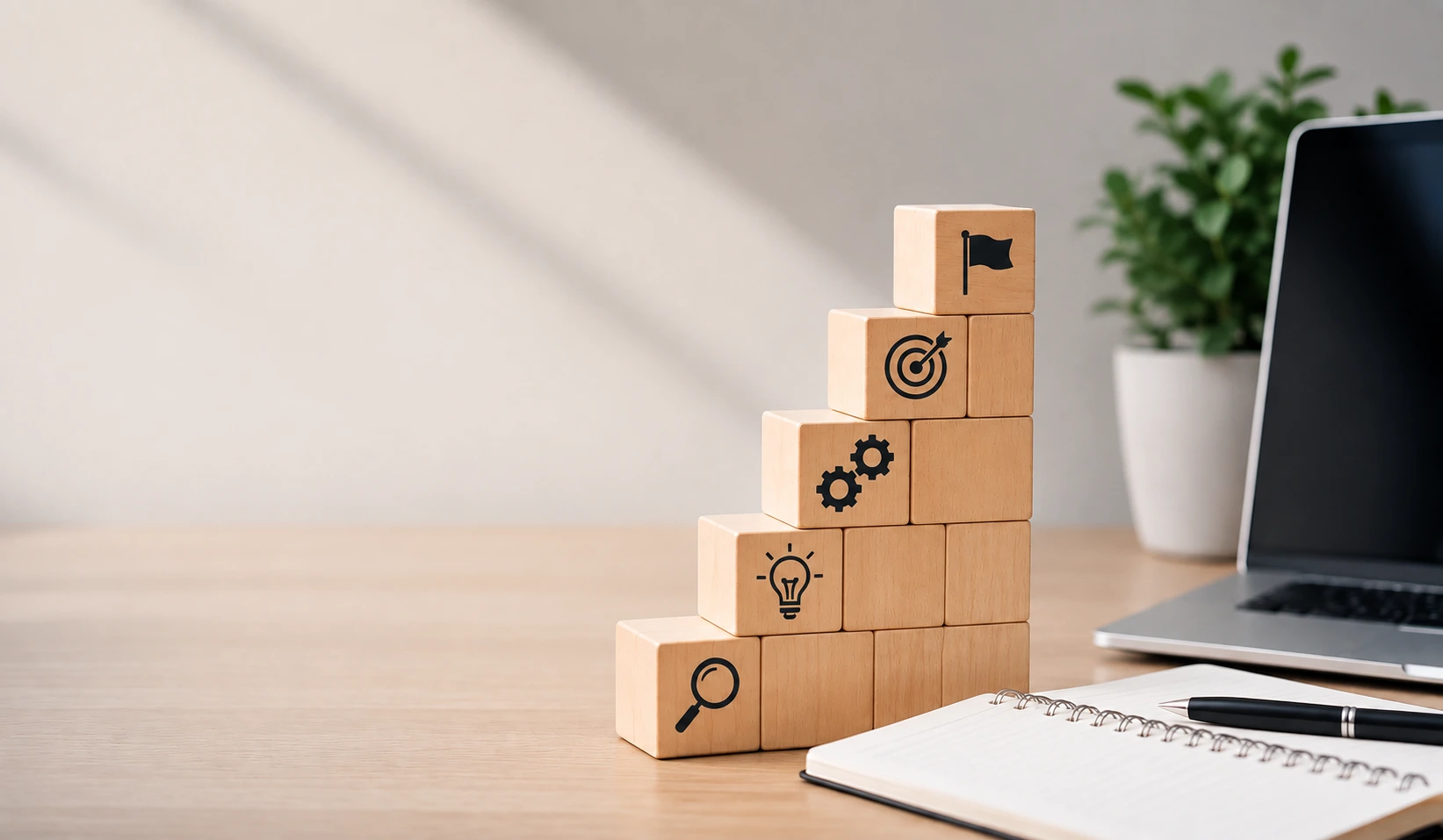 Pyramid of wooden blocks on a desk with icons: magnifying glass, lightbulb, gears, target, and a flag on top; laptop and notebook nearby.
